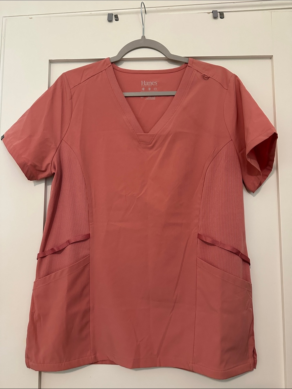 Hanes Women's Short-Sleeve V-Neck Scrub Top in Coral pink size M